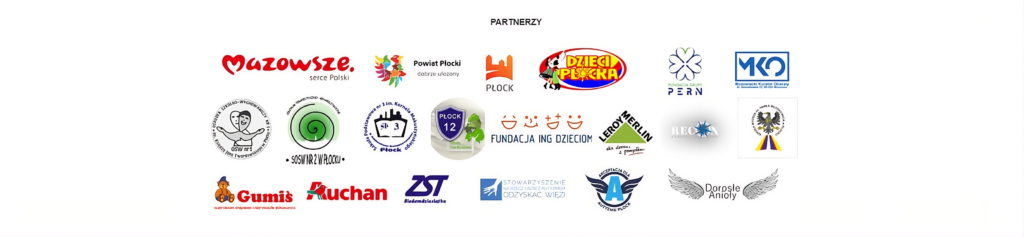 alt="Zestawienie logotypów partnerów i sponsorów, w tym samorządów Mazowsza i Płocka, lokalnych szkół, fundacji oraz firm takich jak Leroy Merlin i Auchan. "